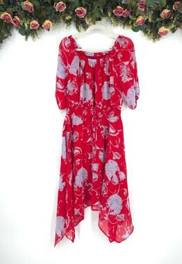 Tommy Hilfiger Off The Shoulder Red Floral Asymmetrical Hem Dress Size 6